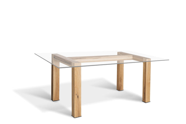 Glastisch und Holzbeine • Modell Rio