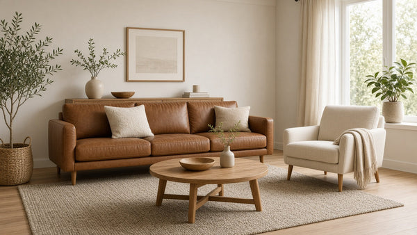 Modernes Sofa in Cognac-Leder mit Couchtisch und Sessel in einem hellen Wohnzimmer