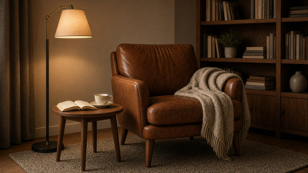 Lesesessel aus braunem Leder mit Stehlampe und Beistelltisch in einer Leseecke