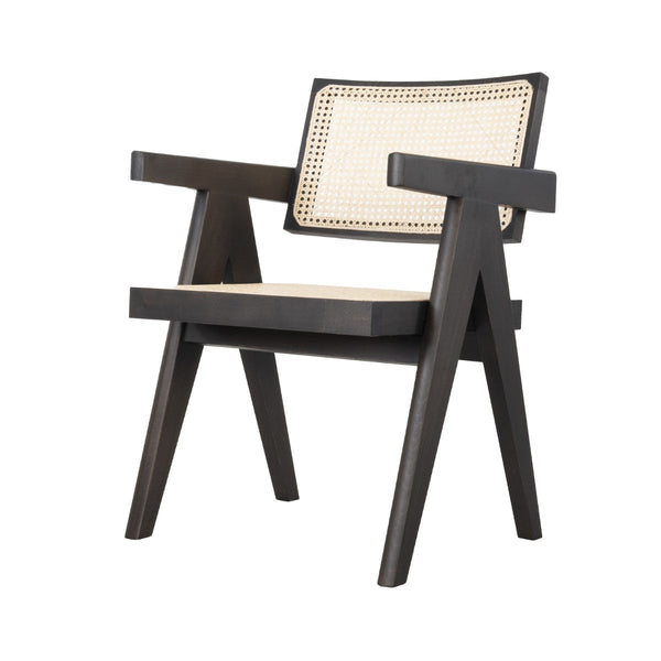 Moderner Stuhl aus Holz mit Rattan-Rückenlehne 