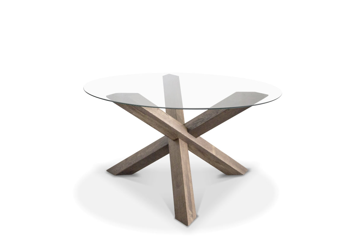 Runder Esszimmer Tisch mit Glasplatte und Massiven Holzfüßen |  Modell RIO R