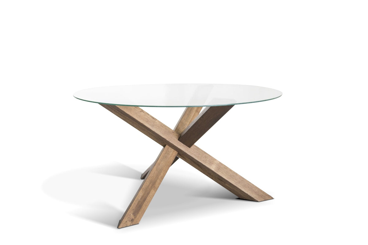 Runder Esszimmer Tisch mit Glasplatte und Massiven Holzfüßen |  Modell RIO R
