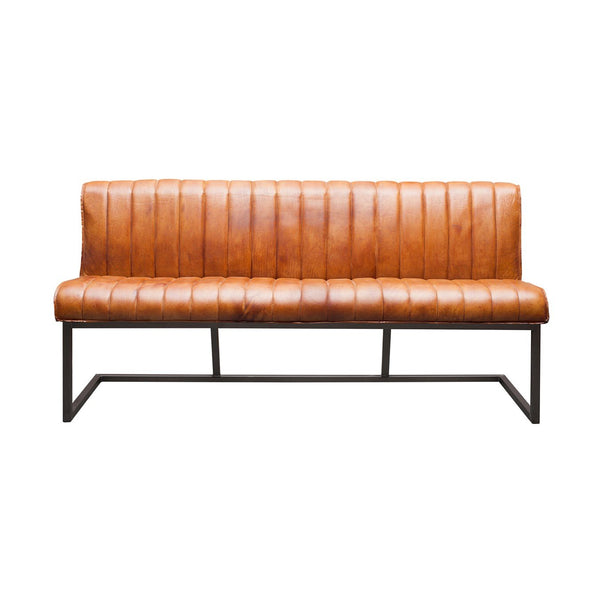 Sitzbank mit Nähte auf der Sitz und Rückenlehne Cognac Farbe Stahlstruktur Sitzbank Büffelleder Industrie Design | Modell IVY HOME24