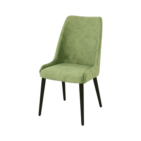 Hellgrüner Stuhl ohne Armlehne aus Stoff/Leder und Holzbeinen | Modell DINING G